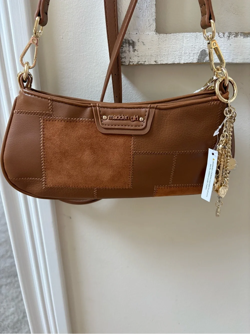 Madden Girl Cognac Patchwork Shoulder Bag with Gold Charm